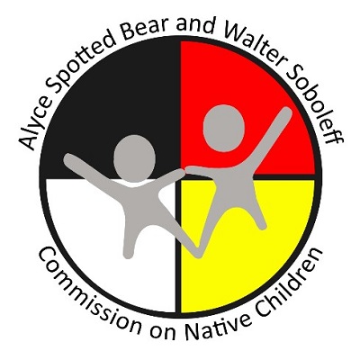 Logo of the Alyce Spotted Bear and Walter Soboleff Commission on Native Children, circle divided by four cardinal direction colors of white, yellow, red, and black 